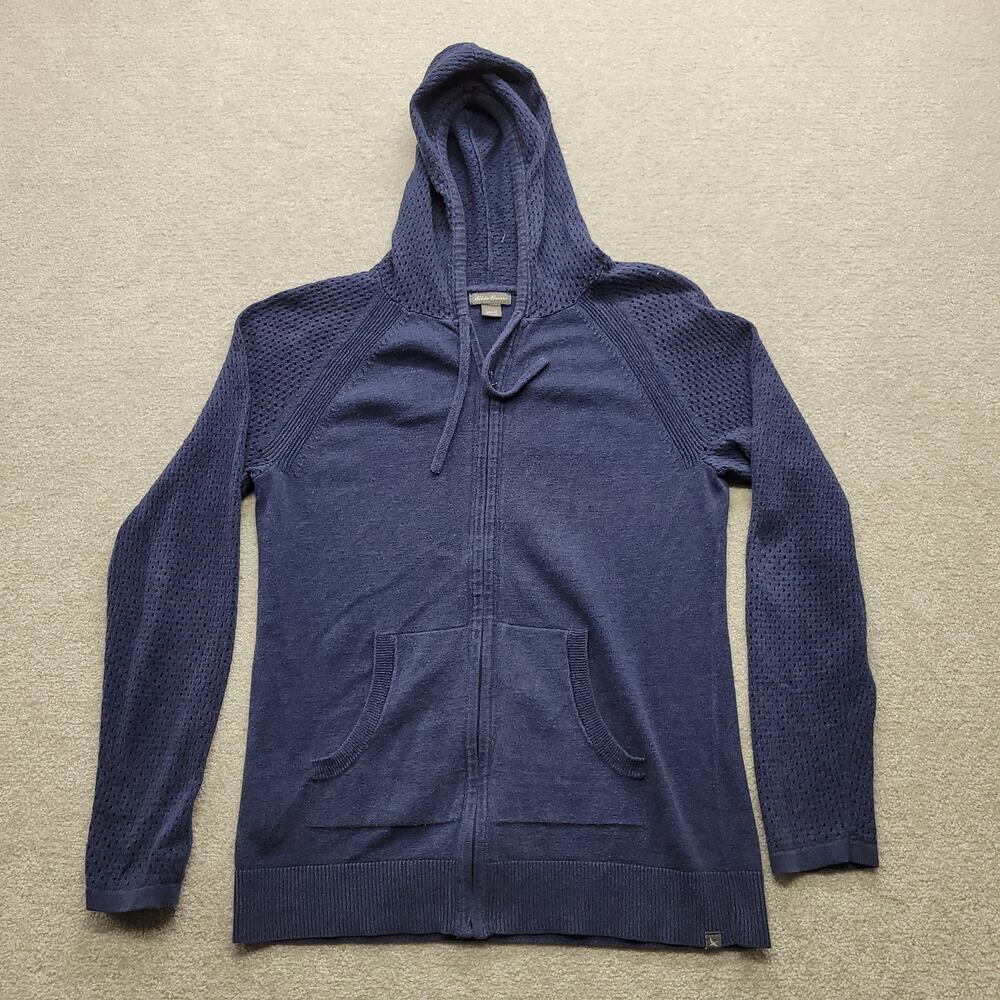 Eddie Bauer Womens M Blue Knit Full Zip Hoodie Open Knit Sweater Cardigan